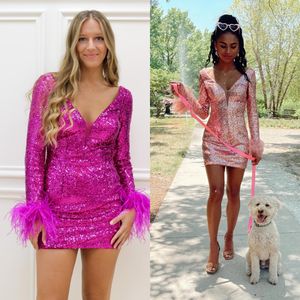 Fuchsia Sequin Homecoming Dress 2k24 Long Sleeves Deep V-Neck Lady Prom Pageant Formal Cocktail Event Party Runway Black-Tie Gala Wedding Guest Hoco Gown Feather