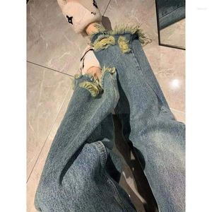 Frauen Jeans Sommer Quaste Denimhose hohe Taille gerade gewaschen