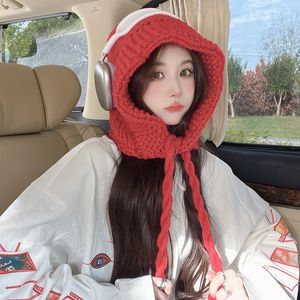 Beanie/Skull Caps Knitted Little Red Riding Hood Beanies Winter Lace Windproof Ear Protection Hats Korean Thickened Warm Face Small Bomber Hat 230809