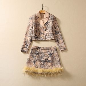 Roupas femininas europeias e americanas 2023 outono novo jaqueta de manga comprida trespassada saia de penas terno da moda xxl
