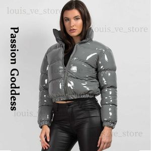 Winter Women Shiny PU Leather Puffer Jackets Thick Cropped Parkas Down Warm Bubble Coats Cute Grey Bright Leather Parka Jacket T230809