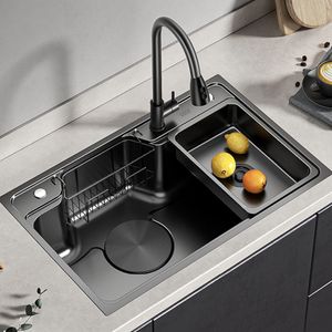 Large Multiple Size Black Grey Nano Kitchen Sink Thickened Wash Basin Single Bowl Topmount Undermount Kitchen Sink Faucet Drain