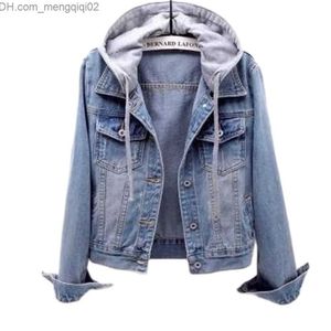 Jaqueta jeans feminina em couro sintético para namorado feminino Jaqueta jeans casual feminina Jaqueta jeans manga longa Jaqueta retrô removível com capuz Z230809