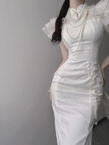 Etnik Giyim 2023 Çin Ulusal Cheongsam Beyaz Dantel Elbise Zarif Vintage Kadınlar Uzun Elbiseler Uçan Kollu Seksi Qipao S2107
