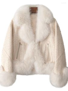 Women's Fur Women Autumn Winter Faux Coats White Collar Notched Lapel Long Sleeve Short Coat Covered Botton Zipper Pocket Design