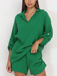 Women's Tracksuits 2023 Summer Cotton Shorts Suit With Skirt Green Soft Long Sleeve Shirts And Tracksuit Two-piece Set For Womens