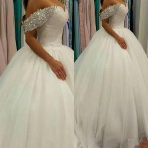 Arabic Gorgeous Princess Ball Gown Wedding Dresses Off the Shoudler Sexy Formal Brides Gowns Blingbling Sequins Crysatls Cap Sleev245O