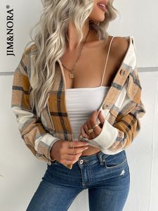 Damenjacken JIM NORA Frauen dicke karierte Hemden Winter warme Knöpfe Blusen Tops Freizeithemd Jacke weibliche Kleidung Mantel Outwear Mode 230808