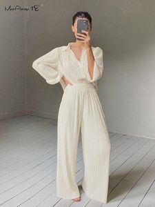 Women's Pants Capris Mnealways18 Beige Pleated Wide Leg Pants Womens Pants Fashion Casual Loose Trousers Office Lady Elegant Long Palazzo Pants 230808