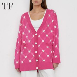 Feminino Malhas Tees Love Print Malha Cardigã Feminino Coração Jacquard Camisola Outono Inverno Rosa Cardigans Casacos Soltos Chic Longo Bolso Tops Jumper 230808