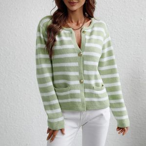 Women's Casual Stripe Cardigan with Belt - Loose Sleeve, Round Neck, zebra pocket square - Long Sweater for Winter Coat