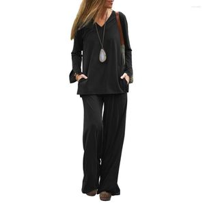 Women's Two Piece Pants Female Casual Outfit Versatile V-neck Long Sleeve Tops With Elastic Waistband Wide Leg Featuring