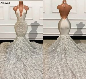 Beautiful Silver 3D Rose Flowers Lace Mermaid Prom Dresses Arabic Aso Ebi Halter Slim and Flare Women Formal Party Gowns Sexy Backless Long Evening Dress CL2687