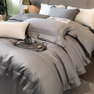 Bedding sets Solid Grey Linens Frame Duvet Cover with Zipper Ties 4Pcs 600TC Eucalyptus Lyocell Soft Cooling Quilt cover Bed Sheet Pillowcase 230809