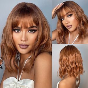 Red Copper Ginger Synthetic Wigs with Bangs Medium Water Wave Natural Bob Daily Hair Wigs for Women Heat Resistant
