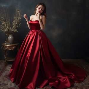 Vestidos de noite elegantes plus size vermelho escuro linha A para mulheres Pregas drapeadas de cetim para ocasiões formais Concurso Festa de aniversário Baile Vestidos de celebridades com luvas