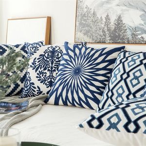 Home Decor Embroidered Cushion Cover Navy Blue White Geometric Floral Canvas Cotton Suqare Embroidery Pillow Cover 45x45cm LJ20121271E