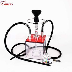 Dubbelrör transparent arabisk LED -hookah shisha Set Populära fyrkantiga akryl aluminiumlegering chicha narguile flaska för två person HKD230809