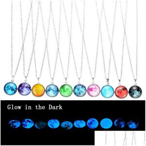 Colares com Pingente Luminous Galaxy Universe Neba Glow In The Dark Cabochon Glass Star Moon Sier Chain For Women Men Fashion Jewelry Dro Dhwpy