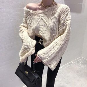 Frauenpullover 2023 Herbst Winter Koreanische Strickwaren Frauen Kalte Schulter Weiße Jumper Lose Übergroße Pullover Sexy Elegante V421