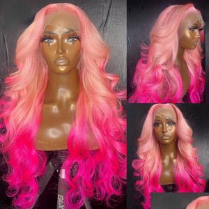 Perucas Sintéticas Perruque Pink Fl Lace Front Transparente Hd Body Wave Peruca Natural Hairline Simation Cabelo Humano Para Mulheres Drop Delivery Dhrtu