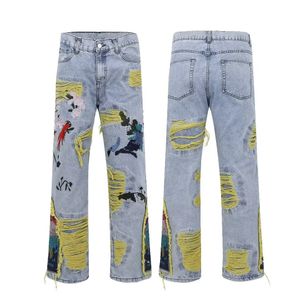 Y2K Streetwear Baggy Stacked Zerrissene Jeans Hosen Männer Kleidung Grafik Stickerei Hip Hop Denim Hosen Pantalon