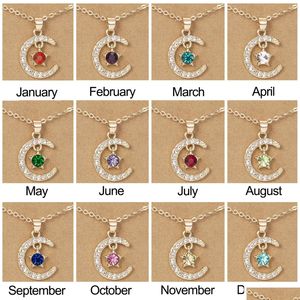 Pendant Necklaces Fashion Birthstone For Women 12 Months Crystal Star Moon Chain Men Trendy Birthday Party Jewelry Gift Drop Delivery Dhijz