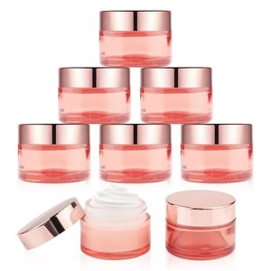 Rosa Kosmetik-Cremeglas aus Glas mit roségoldenem Deckel, 5 g, 10 g, 15 g, 20 g, 30 g, 50 g, 60 g, 100 g, Make-up-Cremeglas, Reise-Probenbehälter-Flaschen mit Innenauskleidung