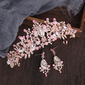 Düğün Saç Takıları Gül Altın Gümüş Renk Pembe Kristal Gelin Tiara ve Taç El Yapımı Kraliçe Prenses Diadem ile Küpe Kadın Düğün Aksesuarları 230808