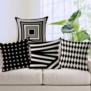 Pillow Cover Modern Soft Cotton Linen Fundas Para Cojines Vintage Cushion Cover Black White Stripe Geometry Pattern Pillow Case202Y