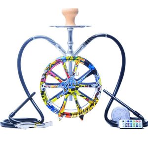 Wheel Hookah Shisha Pipe Narguile With Double Hoses Bowl LED Light Charcoal Tongs Shisha Hookah Set Accessories Creative New Pro HKD230809