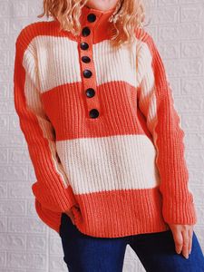 Women's Sweaters Striped Knitted Sweater Women Turn Down Collar Long Sleeve Jumper Warm Buttons Fashion Casual Pullovers Winter Outwear