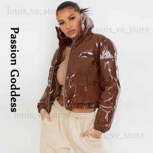 Winter Women Cute Shiny PU Leather Puffer Jacket Warm Thick Bubble Coats Bright Leather Parkas Down Red PU Zipper Cropped Puffer T230809