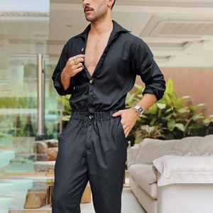 Calça Masculina 2023 Masculina Macacão Playsuit Cor Sólida Botões Casuais Roupas Cargo Macacões Gola Virada Manga Longa Cintura Grande