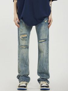 Men's Jeans American Retro Style High Street Distressed Washed Holes Blue And Women's Casual Simple Straight Pants Men