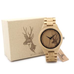 ボボバードクラシック竹製木製時計エルクディアヘッドカジュアルな腕時計竹バンドクォーツ時計