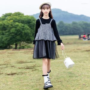 Kläder sätter små flickor Elegant Casual Suit 2023 Spring Long Sleeve T-shirt Houndstooth Paneled Mesh Dress Kids Outfit 2 Piece