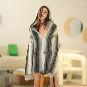 Maglioni da donna Maglione oversize con cappuccio lungo Donna Mohair spesso caldo 2023 Autunno Inverno Grigio Nero Bianco Stripd Lazy Oaf Pullover