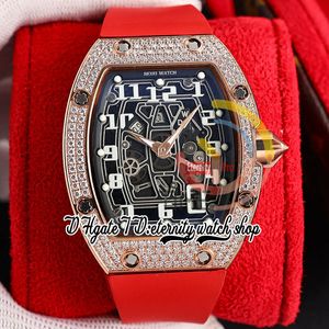 ZYF 67-01 Automatic Mechanical Mens Watch Rose Gold Stainless Paved Diamonds Case Skeleton Dial Number Markers Red Rubber Strap eternity Herrenuhr Reloj Watches