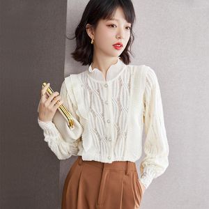 Women's Blouses Solid Shirts Summer 2023 Lace Loose Casual Long Sleeves Ruffles Tops O-neck Ladies Clothing YCMYUNYAN