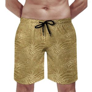 Shorts Masculino Brilhante Tigre Estampado Prancha Verão Dourado Glitter Listras Retro Praia Homem Roupas Esportivas Confortável Calção de Banho Estampado