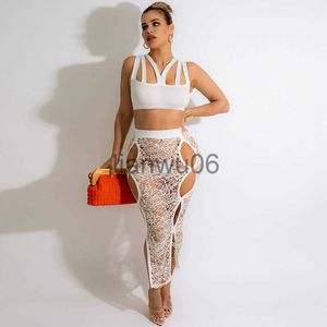 Abiti casual di base Abiti sexy in due pezzi per le donne 2022 Canotta Crop Top Scava fuori Maxi gonne trasparenti Abiti Night Club Party Abiti di compleanno J2308009