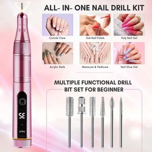 Cordless Nail Drill 35000 rpm laddningsbar elektrisk nagelfil Portable E Filer, Professional Manicure Kit för akrylnaglar Gelpolska Remover 6st nagelborrbitar