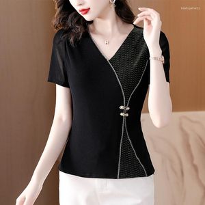 Women's T Shirts V-neck Black Silk Short Sleeve T-shirt Chiffon Shirt 2023 Spring/Summer Fashion Splice Bright Slim Top