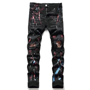 Herr Black Streetwear Fashion Distressed Mager Stretch förstörde hål Jeans rippade lappar målar stänk smala byxor