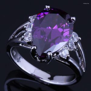 Cluster Rings Magnificent Pear Purple Cubic Zirconia White CZ Versilberter Ring V0629