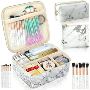 Cosmetic Bags Cases Cute 3Pcs White Marble Makeup for Women Travel Bag Set with 10Pcs Brushes Large Case Organizer Adj 230808