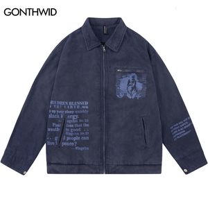 Męskie kurtki vintage niebieski płaszcz uliczny streetwear hip hop retro japońska kreskówka dziewczyna graficzna litera druku
