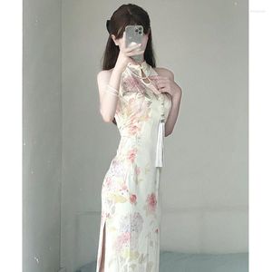 Ethnic Clothing Chinese Dress Cheongsam Retro Printed Qipao Buckle Floral Slim Fitting Waistband Buttocks Elastic Mid Length