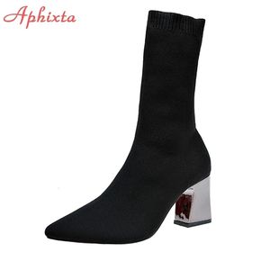 Boots Aphixta Metal Color 7cm Square Heels Socks Boots Women Big Size 43 Stretch Fabric Elastic Pointed Toe Shoes Ankle Boot Woman 230809